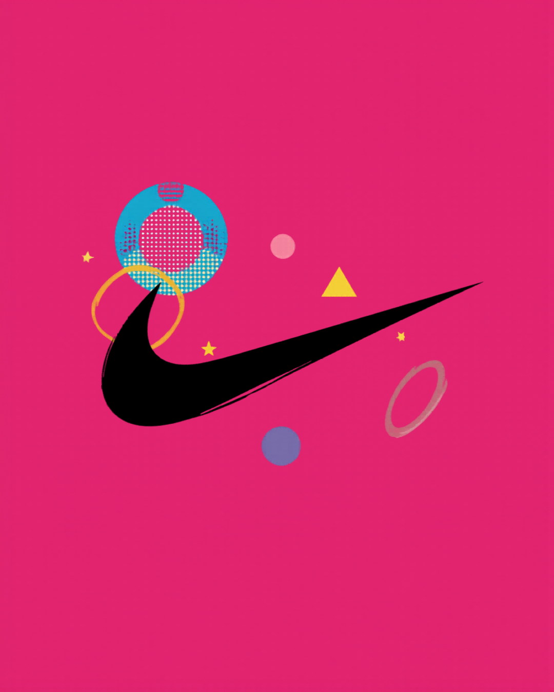Pop art illustration of a bold black brush-stroke signature mark with geometric shapes around it.